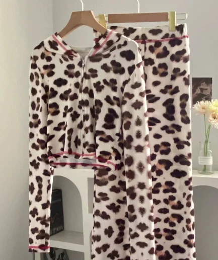 Autumn Leopard Print Zip Front Hooded Top Cheetah Print Pants Casual Knitting Suit for Spring/Summer Digital Printing Outfits