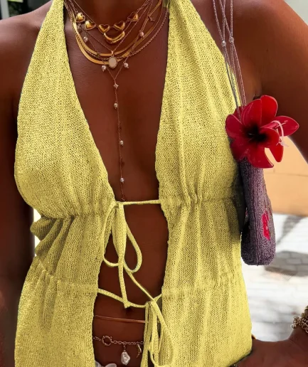 Women's Spring and Summer Y2K Casual Fashion Solid Color Halter Neck Design Suspender Sexy Translucent Hollow Top