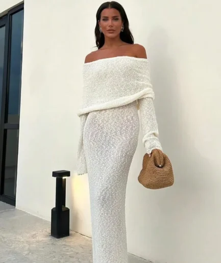 Summer Casual Beach Holiday Dresses Sexy Strapless Crocheted Floor-Length Breathable Woven with Solid Pattern for Spring Autumn