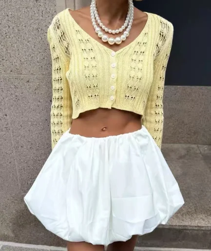 Women's Fashion Sexy V-Neck Trendy Versatile Solid Color Knitted Lace Semi-See-Through Long Sleeve Daily Knit Top Cardigan