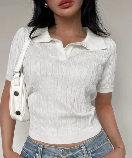 New Entry Women's Casual Fashion Twist Lapel Knit Short Sleeve Sweater Top