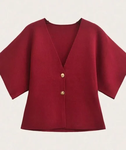 New Entry Women's Fashion Casual V-Neck Metal Button Loose Knit Cardigan Plunge Neck Top