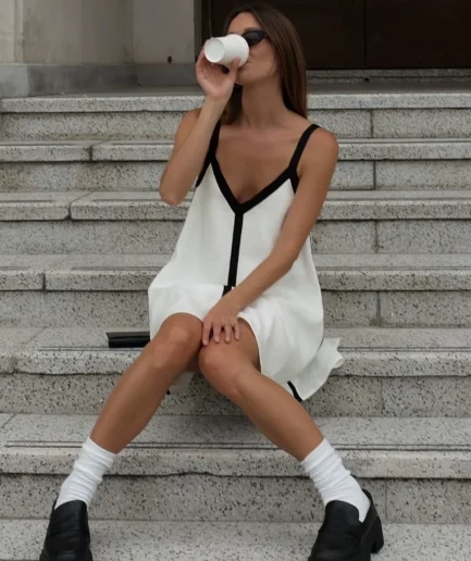 Spring-Summer Casual Dress Elegant Minimalist Halter Slip for Music Festivals, Carnival Beach Vacays VNeck Color-Block Design