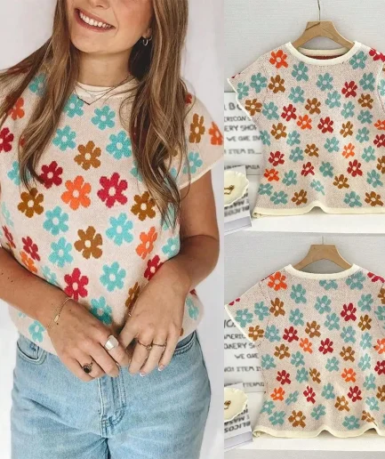 Women's oversized fashionable flower patterned short sleeved sweater