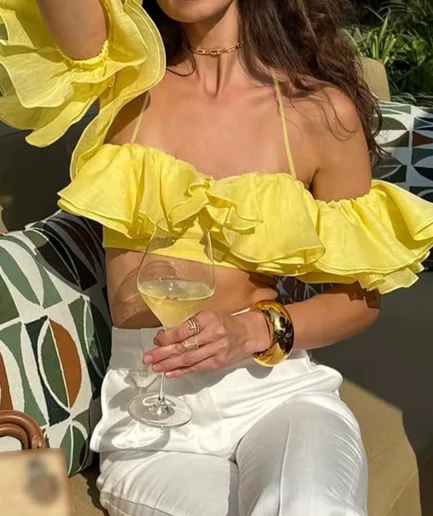 Women's Ruffle Off Shoulder Crop Top Flowy Puff Sleeve Summer Holiday Outfit Lightweight Party for Vacation Beach Resort Looks