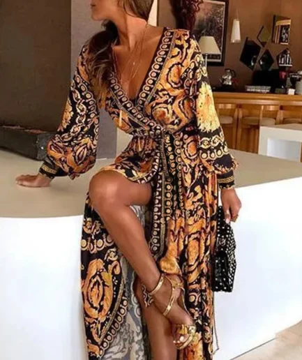 Women's Fashion Vacation Warp Dress V-neck Tie Printed Long Summer Dresses