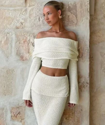 Women's Casual Winter 2-Piece Knitting Shorts Set Above Knee Skirts with off Shoulder Tops Solid Pattern for Autumn