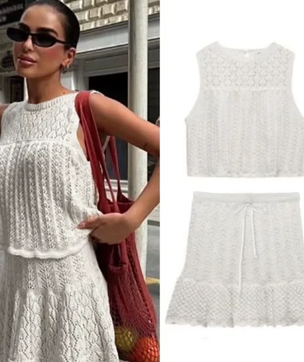 Women's Vacay Outfits Spring/summer Elegant. Seaside Beach Leisure. White Sheer Sleeveless Knit Top + Tie Skirt 2-piece Cover-up