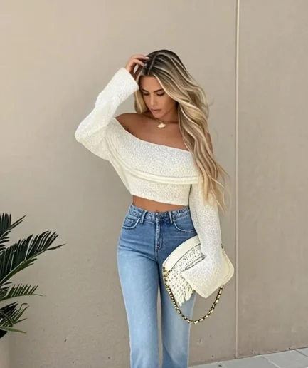 Women's Fashion Summer Off-Shoulder Sexy Solid Color Knitted Semi-Sheer Long Sleeve Daily Summer Knit Top