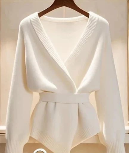Autumn/Winter women's elegant cardigan: deep V-neck, solid color, white collar/cuffs, stripe hem, tie belt. Urban casual style