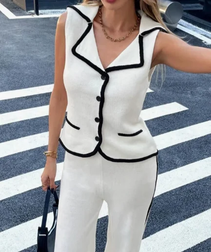New Fashion Women's Colorblocking Lapel Knit Vest Top and Knit Pants Two Piece Set
