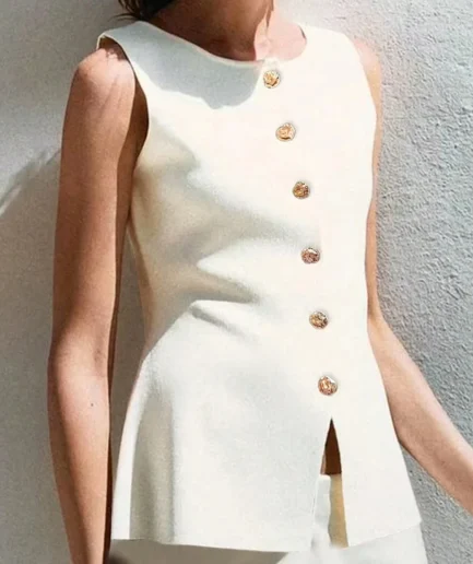 Women's Elegant Knit Vest with Gold Buttons Slim Fit Casual Layering Piece for Effortless Style