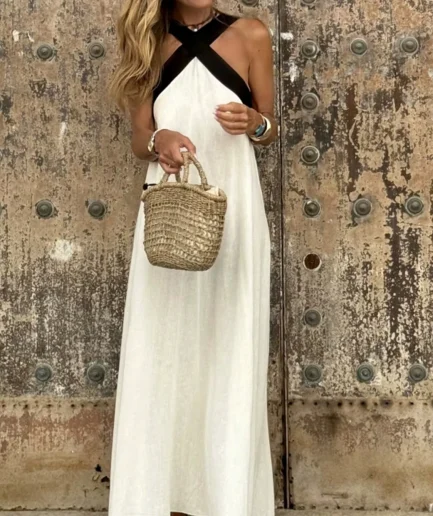 Women's Summer Vacation Boho Flowy Spaghetti Strap Maxi Dress Smocked Back Casual Swing Cross Long Dress