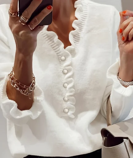 Women's Autumn/Winter Fashion Solid Color Elegant Comfortable Long Sleeve Ruffle Trim V-Neck Pullover Sweater