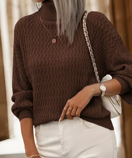 Women's Casual Solid Color High-Neck Long-Sleeve Pullover Sweater for Autumn/Winter High Quality Knit Tops