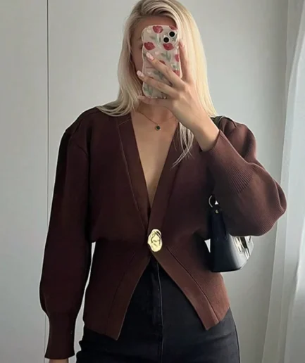 Women's Fashion Casual Trendy Versatile Solid Knit Metal Button Long Sleeve Everyday Cardigan