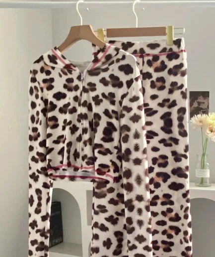 2pcs Autumn Leopard Print Zip Front Hooded Top and Cheetah Print Pants Casual Suit, Spring/Summer Outfits for