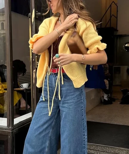 Women's Casual Fashion Commuter Daily Early Spring Goose Yellow Petal Ruffle Half Sleeve Tie Loose Short Sweater Cardigan