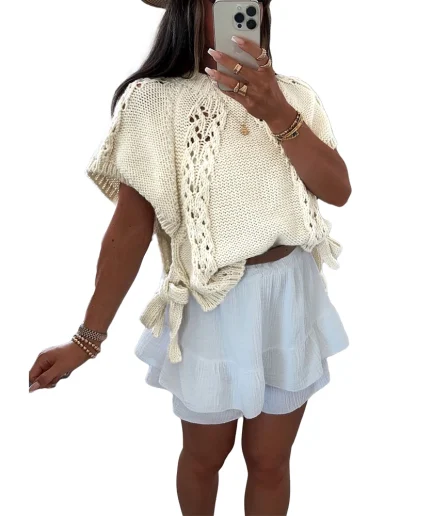 Women's Summer Chic Vintage Sweater O Neck with New Hollow Tether Casual Woven Knit Tops with Decoration