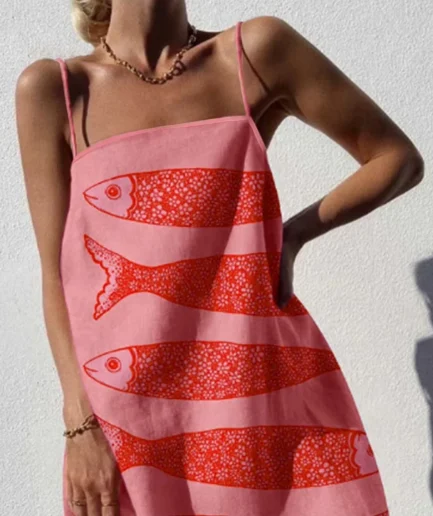 Brunch Women's Bohemian Vacation Wear Spring Summer Beach Women's Fashion Casual Vacation Backless Fish Print A-Line Skirt
