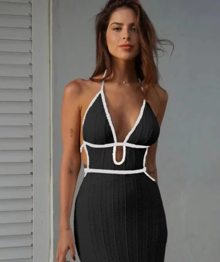 Sexy Knit Cut Out Two Piece Swimsuit Cover up 2025 Summer Women Waist Tie-Up Top Long Skirt Set Club Beach Dres