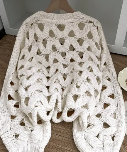 Women's Casual Sonic Knitted Sweater with Autumn Bell Sleeve Semi-Sheer Hollow-Out Design for Fall