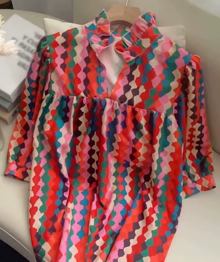 Women's Vintage-Inspired Woven V-Neck Ruffled Shirt Spring Summer Casual Loose Fit Nine-Point Contrast Color Polka Dot Retro