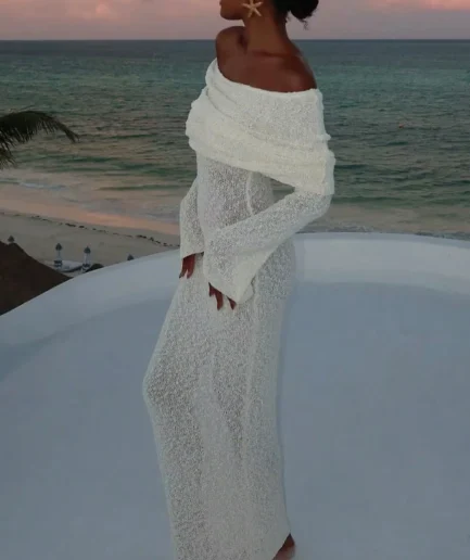 Vintage Summer Casual Beach Holiday Dresses Sexy Strapless Crocheted Floor-Length Breathable Woven Solid Pattern for Spring