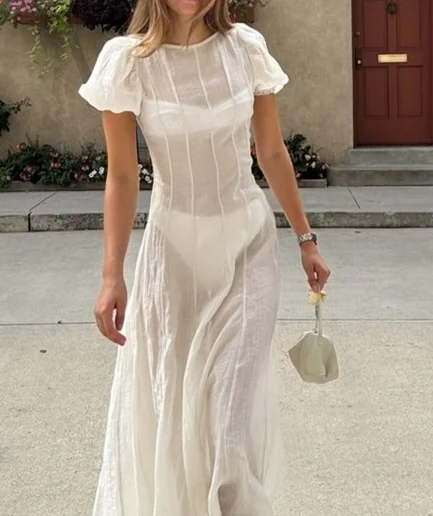 Women's Boho Sheer White Maxi Dress Puff Sleeve Summer Holiday Outfit | Lightweight Beach Cover-Up for Vacation Resort Looks