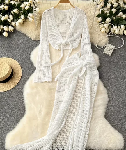 Women's Casual Summer Half Skirt Suit Long-Sleeved Knitted Two-Piece Top Short Hollow-Out Dress for Beach Cross-Border Europe