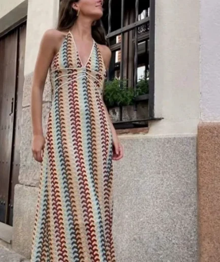 Boho Crochet Knit Maxi Dress Retro Halter Backless Summer Dress Festival Look Perfect for Holidays Beach Everyday Boho Outfits