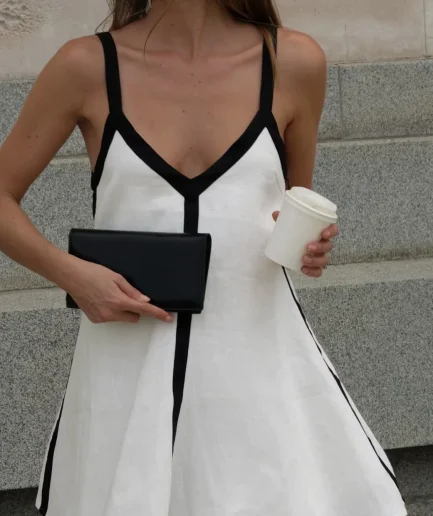 Spring-Summer Casual Dress Elegant Minimalist Halter Slip for Music Festivals, Carnival Beach Vacays VNeck Color-Block Design