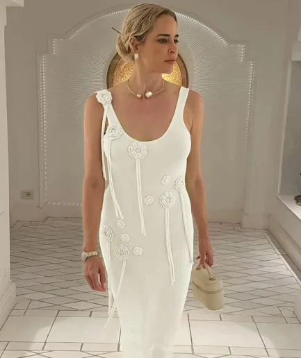 Summer Slim Beach Dress with Sexy U-Neck and Three-Dimensional Flower Breathable Strap Casual Style 3D Floral Dress