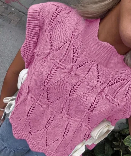 New Women's Knit Pullover Sleeveless Skeleton Irregular Tie Knit Vest Top