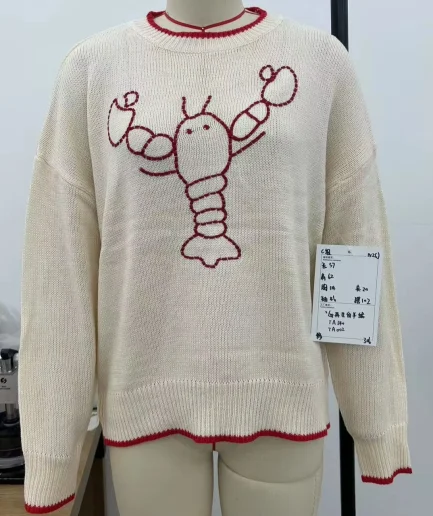 Summer Fashion Casual Vacation Beach Ladies Lobsterembroidery Color Clashing Design Long Sleeve Sweater Brunch Outfits for Women