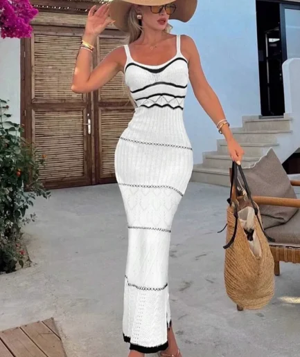 New Women's Bohemian Style Summer Slip Dress Color Clashing Hollow Knit Wrap Bodycon Natural Waist Floor-Length Plain