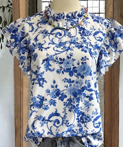 Blue White Porcelain Print Vacation Shirt - Women's Casual Short-Sleeve Summer Top Elegant Dress