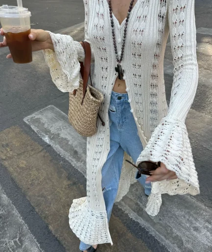 Anti-Pilling Anti-Wrinkle Women's Knit V Neck Long Cardigan Breathable and Print-Design for Autumn Season Girls' Sweater