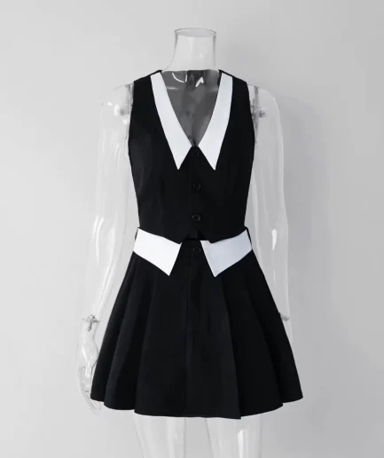 Women's Fashion and Elegant Black and White Deep Plunge Neck Top and Pleated Skirt Two Piece Set