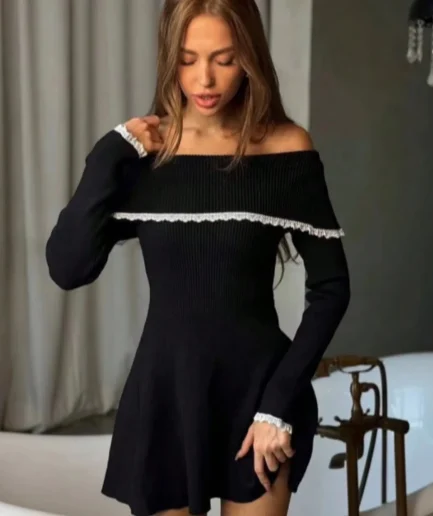 Women's Fashion Summer Trendy Sexy Chiffon Off-Shoulder Solid Color Knitted Lace Trim Long Sleeve Casual Knit Dress