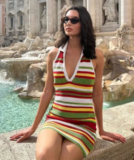 Holiday Style Fashion Women's Hanging Neck V-neck Colorful Stripes Sexy Slim Package Hip Wrap Dress Knitted Summer Dresses