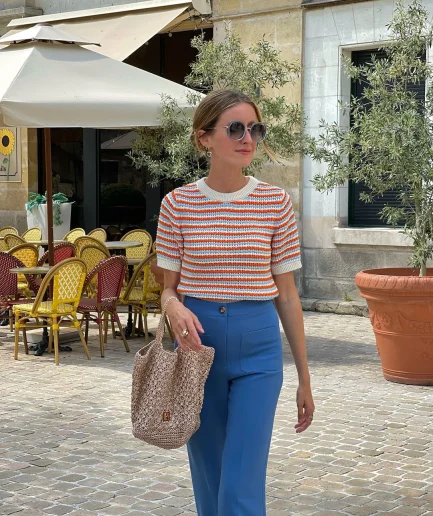 Spring-summer striped knit top elegant, comfy, round-neck short-sleeve. Perfect for travel daily wear. Soft, stylish versatile