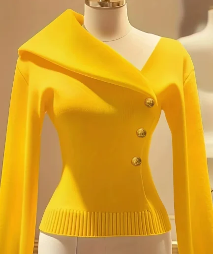 Elegant Autumnwinter Women's Fashion Casual Slim Yellow Sweater with Asymmetric Waist Lapel Side Buckles Perfect for Commuting