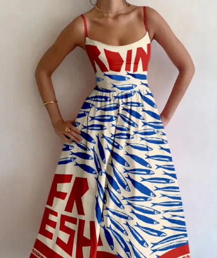 Bohemian Vacation Beach Women's Spring Summer Casual HolidayStyle Vintage FishArtPositioning Printed Backless FlowingLongDresses