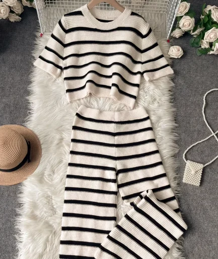 Women's 2025 Spring/Summer New Release Set Striped Embellished Short Sleeve Sweater Top Fitted Slimming Pants Casual Comfortable