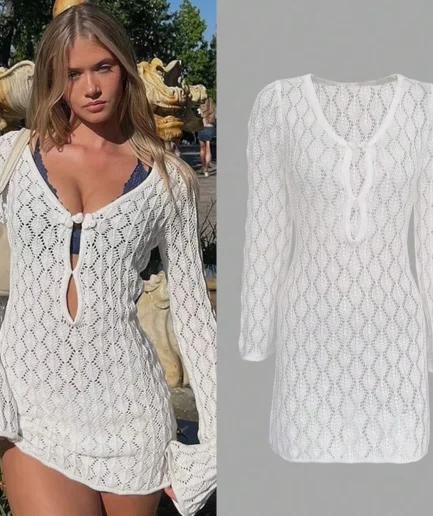 Women's Summer Solid Color Knit Smock Deep Plunge Neck Dress Hollowed Out Knit Wrap Dress