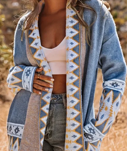 Women's Retro Pattern Long Sleeve Knitted Cardigan Sweater Coat Casual Pocket Design