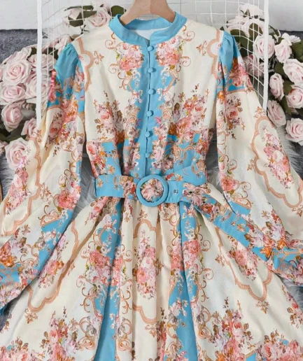 Spring and Summer High Quality Women's Retroelegant Lace-up Slim Mid-length Dress Half-collar Lantern Sleeve Bohemian Ethnic