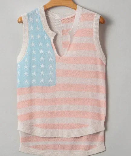 Usa Flag Design Spring and Summer Fashion Casual Comfortable Sleeveless V-Neck Front Short Back Length Knitted Sweater