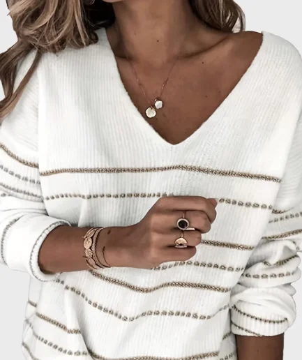 Women's Casual Everyday V-Neck Striped Knit Pullover Sweater Breathable Print Design for Autumn and Winter Use Front